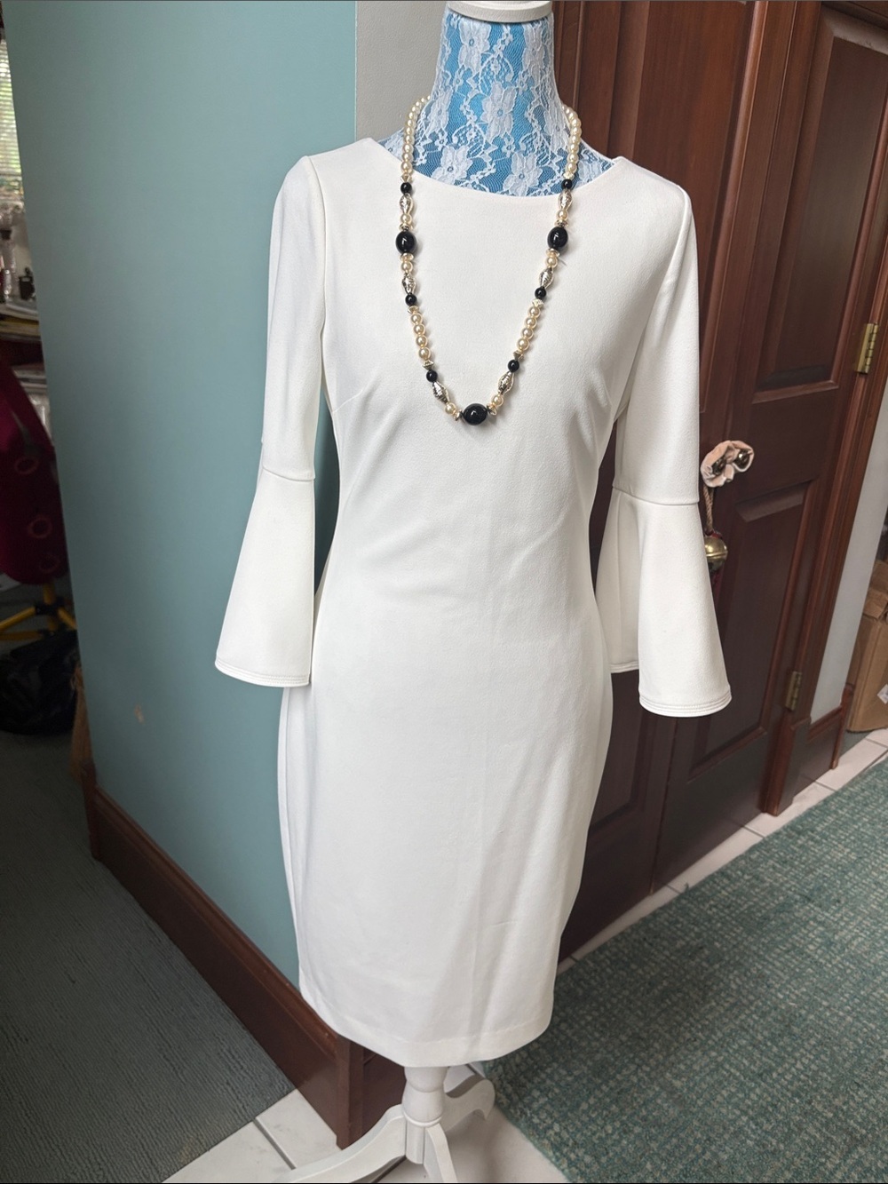 Calvin Klein Midi Dress with Bell Sleeves off white gold zipper back EUC